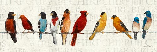 Avery Tillmon, The Usual Suspects - Birds on a Wire (Wunschgröße, moderne Malerei, Vögel, Drahtseil, Vogelreihen, Farbfelder, Flur, Treppenhaus, Arztpraxis, Wohnzimmer, bunt)