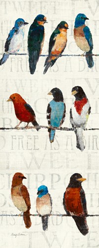 Avery Tillmon, The Usual Suspects Panel I (Wunschgröße, moderne Malerei, Vögel, abstrakt, Drahtseile, Vogelreihen, Schriftzeichen, Panel, Flur, Treppenhaus, Arztpraxis, Wohnzimmer, bunt)