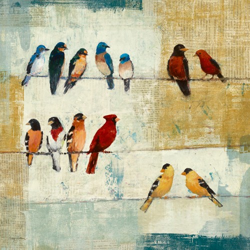 Avery Tillmon, The Usual Suspects (Wunschgröße, moderne Malerei, Vögel, abstrakt, Drahtseile, Vogelreihen, Farbfelder, Flur, Treppenhaus, Arztpraxis, Wohnzimmer, bunt)