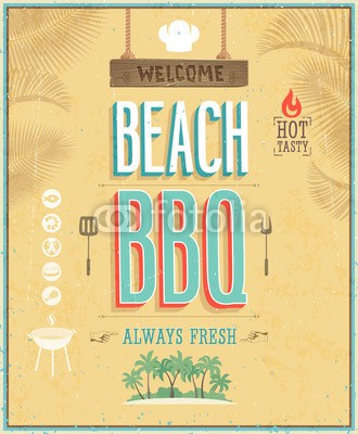 avian, Vintage Beach BBQ poster. Vector background. (strand, sommer, hawaii, bar, hintergrund, retro, insel, flyer, postkarte, best, meer, ozean, reklame, tapete, dekoration, tropisch, inserieren, tage, konzept, vektor, zeichen, urlaub, vorlage, karte, paradise, abstrakt, kreativ, abbildung, altmodisc)