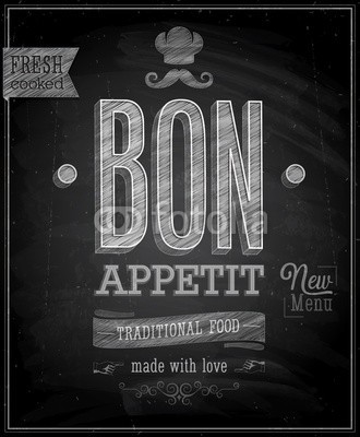 avian, Vintage Bon Appetit Poster - Chalkboard. Vector illustration. (abstrakt, inserieren, reklame, werbung, hintergrund, best, schwarz, board, bon appetit, business, kaffee, kalligraphie, karte, kreide, tafel, chefkoch, konzept, kochen, kreativ, deko, dekoration, dekorativ, entwerfen, emblem, flyer, essen, grafik, abbildu)