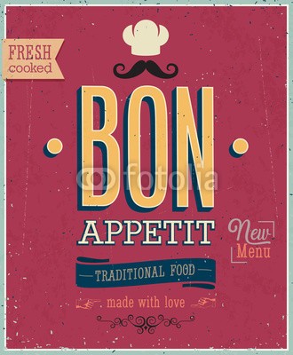 avian, Vintage Bon Appetit Poster. Vector illustration. (chefkoch, posters, flyer, essen, retro, special, vektor, konzept, feeds, gericht, kaffee, business, label, abstrakt, menü, schleife, reklame, dekoration, mahlzeit, inserieren, zeichen, vorlage, restaurant, grafik, deko, typographie, karte, traditionel)