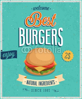 avian, Vintage Burgers Poster. Vector illustration. (feeds, mahlzeit, kaffee, zeichen, karte, text, menü, essen, trinken, deko, label, flyer, lecker, platz, retro, stil, frisch, backen, vektor, emblem, entwerfen, französisch, posters, burger, schleife, konzept, grafik, jahrgang, vorlage, abstrakt, kreati)