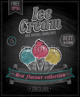 avian, Vintage Ice Cream Poster - Chalkboard. Vector illustration. (eis, sahne, posters, salon, vektor, emblem, reklame, dekoration, kaffee, weich, inserieren, süss, konzept, zeichen, flavour, vorlage, vanille, kegel, grafik, deko, typographie, karte, speiseeis, flavour, label, abstrakt, kreativ, abbildung, flye)