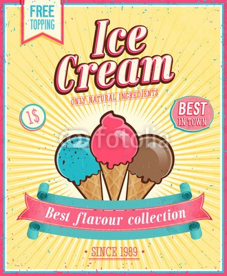 avian, Vintage Ice Cream Poster. Vector illustration. (eis, emblem, sahne, posters, reklame, dekoration, kaffee, weich, salon, kind, inserieren, süss, konzept, vektor, zeichen, flavour, vorlage, vanille, kegel, grafik, deko, schokolade, typographie, karte, speiseeis, flavour, label, abstrakt, kreati)