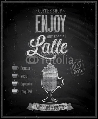 avian, Vintage Latte Poster - Chalkboard. Vector illustration. (web, kunst, karte, text, einkaufen, milchkaffee, schwarz, kreide, label, platz, retro, haus, stil, board, freudig, kaffee, vektor, symbol, emblem, entwerfen, posters, schleife, konzept, grafik, jahrgang, vorlage, abstrakt, kreativ, espresso, tapet)