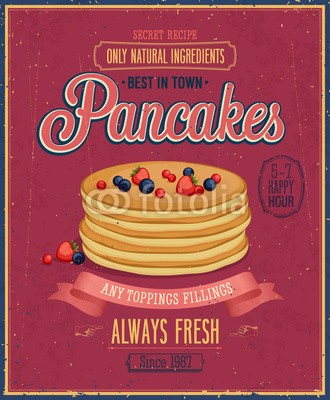 avian, Vintage Pancakes Poster. Vector illustration. (feeds, kaffee, karte, text, küchen, menü, essen, honig, beere, süss, ahorn, deko, label, flyer, lecker, platz, retro, stil, frisch, sirup, vektor, backen, emblem, bäckerei, entwerfen, posters, schleife, nachspeise, konzept, grafik, eierkuchen, jahrgan)