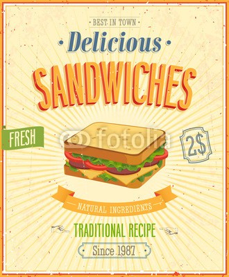 avian, Vintage Sandwiches Poster. Vector illustration. (kaffee, mahlzeit, zeichen, karte, text, menü, essen, slice, trinken, deko, label, flyer, lecker, retro, stil, frisch, brot, vektor, emblem, entwerfen, posters, burger, schleife, natürlich, konzept, grafik, gesund, jahrgang, vorlage, abstrakt, kreati)