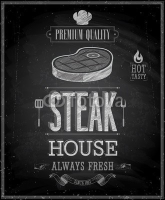 avian, Vintage Steak House Poster - Chalkboard. Vector illustration. (web, kunst, barbecue, rindfleisch, zeichen, karte, schweinefleisch, text, grill, deko, kreide, schwarz, label, flyer, retro, steak, haus, stil, frisch, board, vektor, emblem, entwerfen, posters, schleife, natürlich, organisch, konzept, grafik, jahrgan)