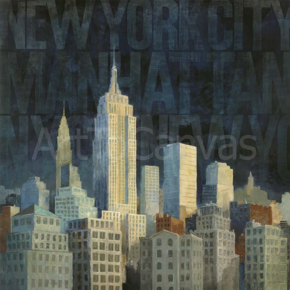 Avery Tillmon, Midnight in Midtown Words (Wunschgröße, Malerei, Städte, New York, Metropole, Amerika, USA, Chrysler Building, Empire State Building, Hochhaus, Wolkenkratzer, Architektur, Wahrzeichen, Symbol, Flur, Treppenhaus, Wohnzimmer, bunt)