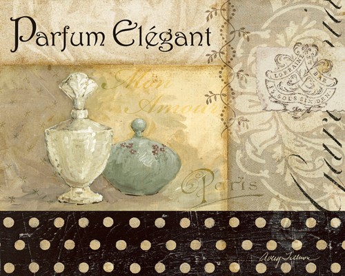 Avery Tillmon, Parfum Elegant II (Wunschgröße, Malerei, Parfum, Flacon, Eleganz, Nostalgie, Kalligrafie, Werbung, Badezimmer, Bad, Ornamente, Punkte, dekorativ, grau / beige)