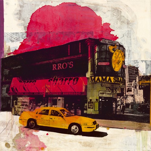 Ayline Olukman, Pizzeria Marketplace (Fotokunst, Kult, Pop, Vintage, Gebäude, Architektur, gelbes Taxi, Gastronomie, modern, Jugendzimmer, Wohnzimmer, Wunschgröße, bunt)