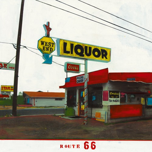 Ayline Olukman, Route 66 - West End Liquor (Wunschgröße, Kult, Pop, Vintage, Gebäude, Highway, modern, schrill, Fotokunst, Gastronomie, Jugendzimmer, Wohnzimmer, bunt)
