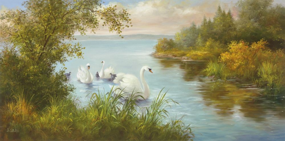 B. Smith, Early Morning Trip (Landschaften, Morgendämmerung, Bäume, See, Wasser, Natur, Schwäne, Idylle,  Malerei, Wohnzimmer, Treppenhaus, bunt)