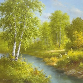 B. Smith, EARLY SUMMER (Landschaften, Bäume, Birken, Bach, Sommer, Idylle, Malerei, Wohnzimmer, Treppenhaus, bunt)