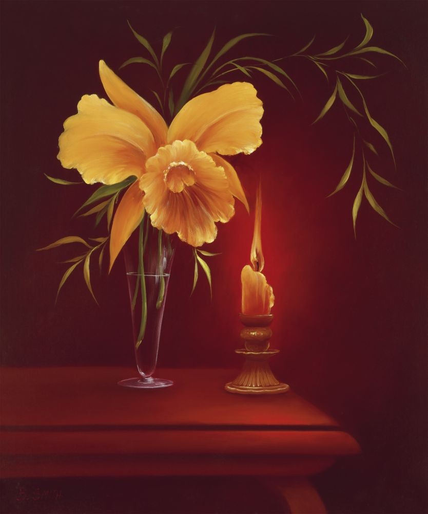 B. Smith, Sentimental Evening I (Blume, Kerze, Vergänglichkeit, Stillleben, Melancholie, Sentimantal, Schlafzimmer, Wohnzimmer, Malerei, bunt)