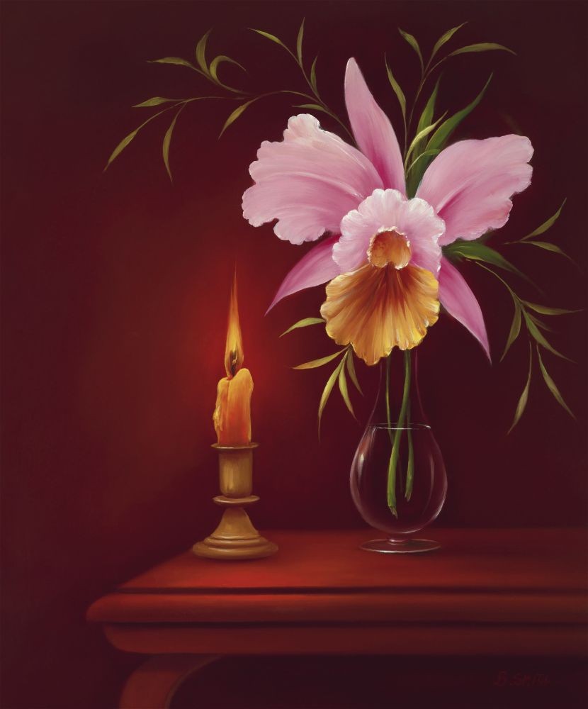 B. Smith, Sentimental Evening Ii (Blume, Kerze, Vergänglichkeit, Stillleben, Melancholie, Sentimantal, Schlafzimmer, Wohnzimmer, Malerei, bunt)