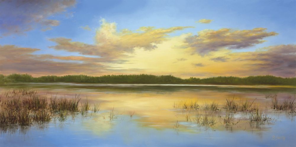 B. Smith, Sunset In Siberia (Landschaften, Sibirien, Russland, Sonnenuntergang, See, Wolken, Spiegelungen, Idylle, Reflexionen, Horizont, Malerei, Wohnzimmer, Treppenhaus, bunt)