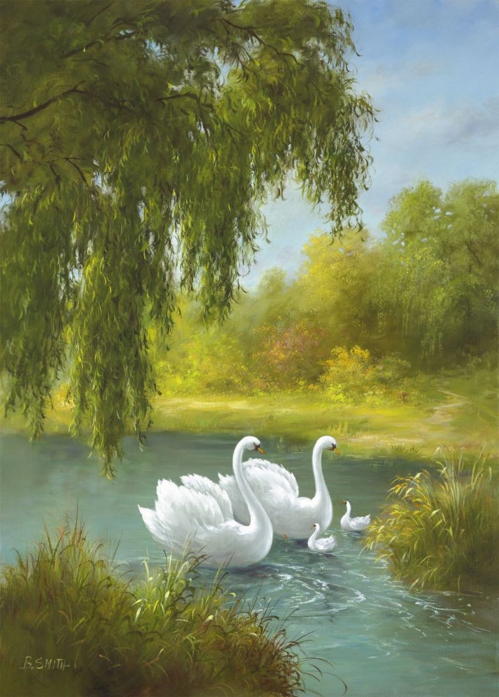 B. Smith, White Symphony I (Landschaften, Bäume, See, Wasser, Natur, Schwäne, Idylle,  Malerei, Wohnzimmer, Treppenhaus, bunt)