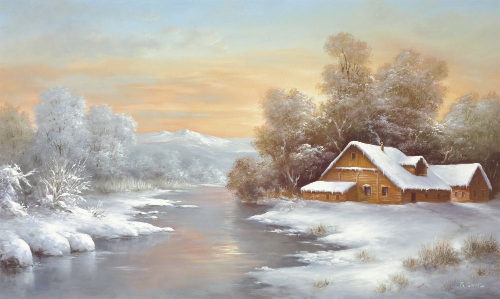 B. Smith, WINTER AT LAKE LADOGA (Landschaften, Winter, Schnee, Eis, See, Kälte, Einsamkeit, Nostalgie, Malerei, Wohnzimmer, Treppenhaus, bunt)