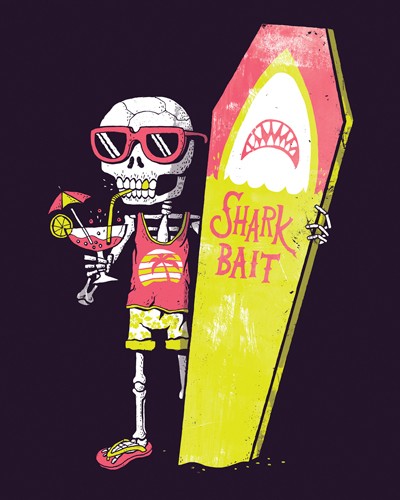 Michael Buxton, Shark Bait (Skelett, Cocktail, Surfbrett, Sargdeckel, Hai, Köder, schwarzer Humor, Grafik, Comic, Fantasy, Spruch, Wortspiel, witzig, lustig, Jugendzimmer, Treppenhaus, Grafik, Wunschgröße, bunt)