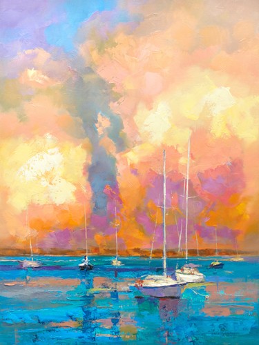 Kasia Bruniany, Evening on the Bay (Meer, Segelboote, Horizont, Abendstimmung, Sonnenuntergang, Meeresbrise, moderne Malerei, Wohnzimmer, Arztpraxis, Wunschgröße)