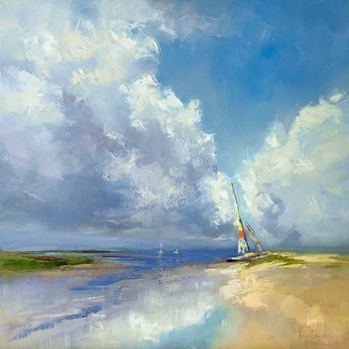 Kasia Bruniany, Sailboat on a Sandy Beach (Meer, Strand, Segelboot, gestrandet, Horizont, Wolken, Meeresbrise, moderne Malerei, Wohnzimmer, Arztpraxis, Wunschgröße)