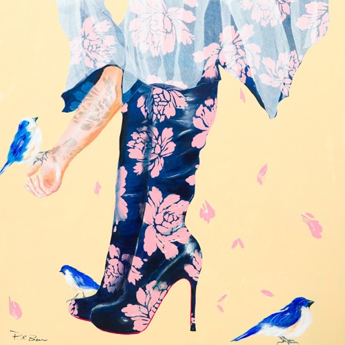 Pamela K. Beer, Her Best Friend (Stiefel, High Heels, Blumenmuster, Vögel, Frauenbekleidung, Pop Art, lustig, Grafik, Wunschgröße, Treppenhaus, Wohnzimmer, Treppenhaus, bunt)