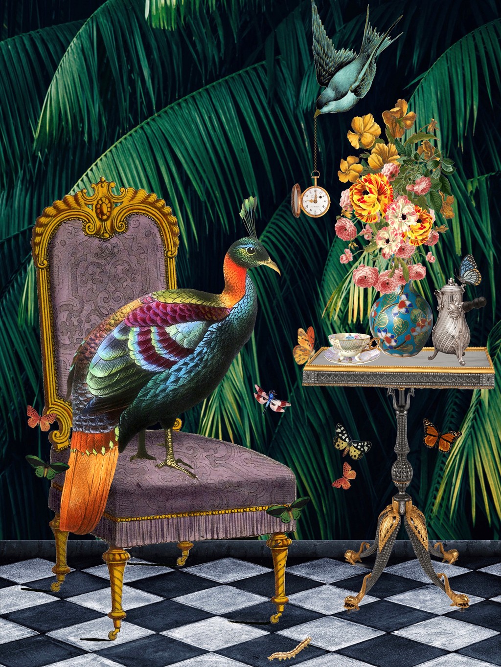 Erika C. Brothers, Tea Time (Exotisch, Tropisch, Vogel, Paradies, Sessel, Palmen, Tapete, floral, Stilleben, Blumen, Uhr, Zeit, Tee, Fantasy, surreal, modern, Treppenhaus, Wohnzimmer, Jugendzimmer, Wunschgröße,)