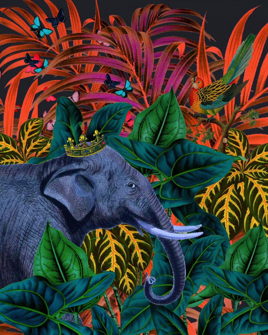 Erika C. Brothers, Tropical Jungle (Exotisch, Tropisch, Elefant, Krone, Dschungel, Palmen, Blätter, floral, Fantasy, surreal, modern, Treppenhaus, Wohnzimmer, Jugendzimmer, Wunschgröße, leuchtend bunt)
