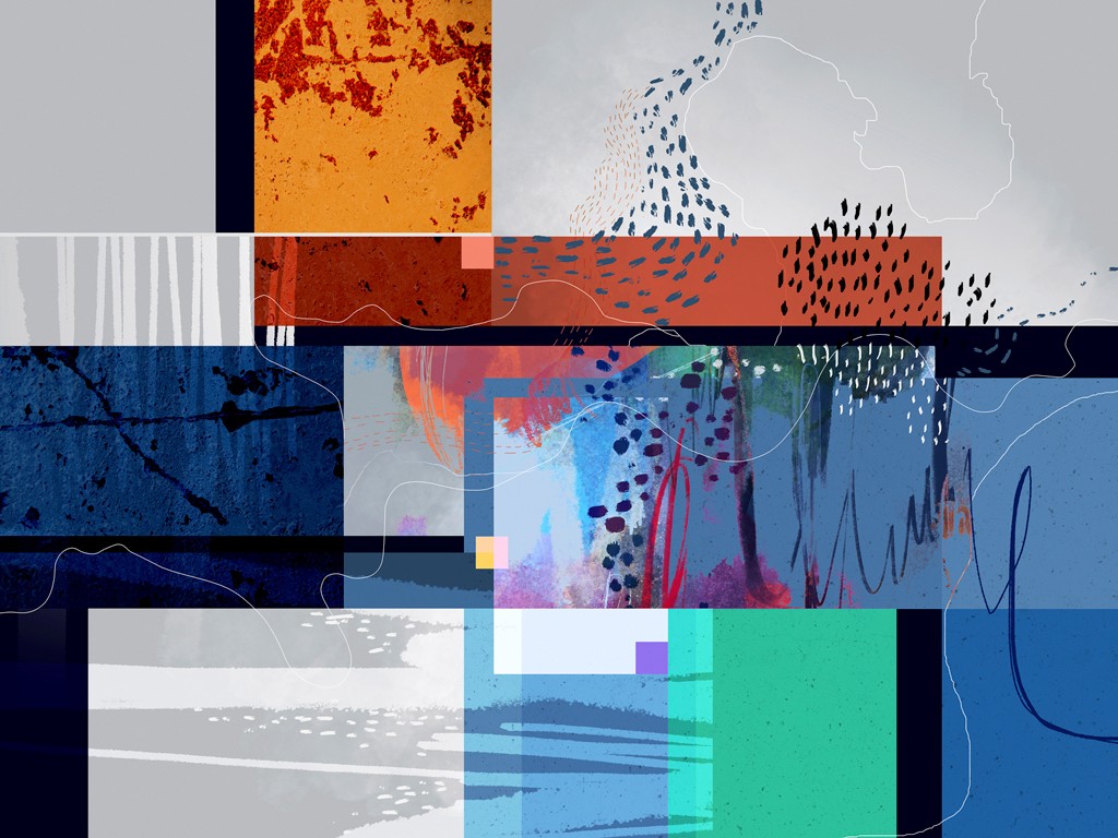 Ishita Banerjee, Lake Lagoon (Moderne Malerei, abstrakt, Raster, geometrische Formen, Linien, Muster, Wunschgröße, Wohnzimmer, Treppenhaus)