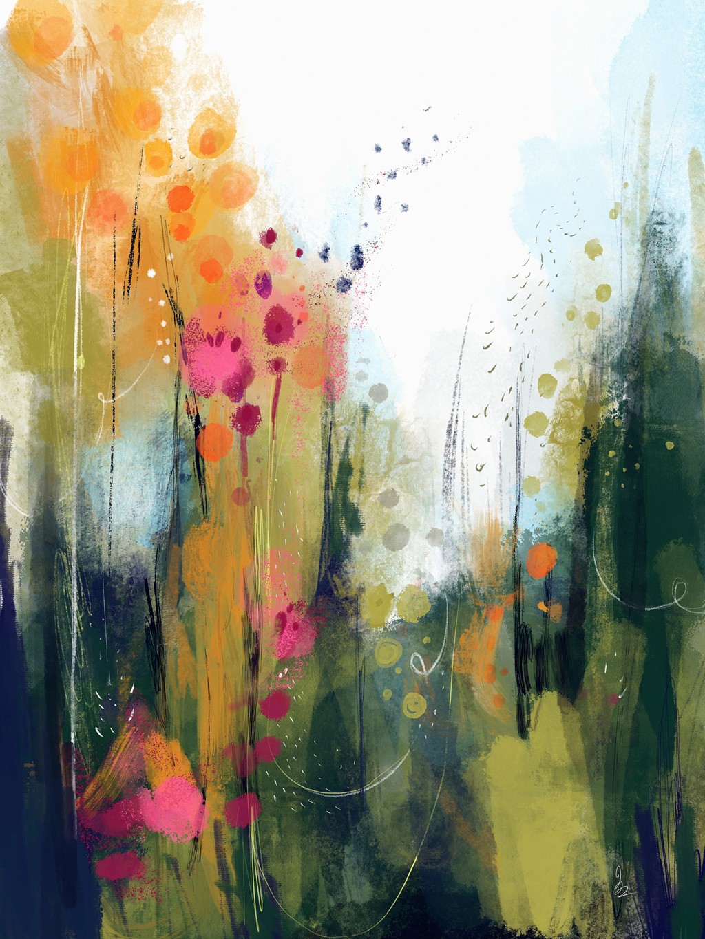 Ishita Banerjee, Wildwood (Moderne Malerei, abstrahiert, Blumen, Blumenwiese, Punkte, Linien, Wunschgröße, Wohnzimmer, Treppenhaus)
