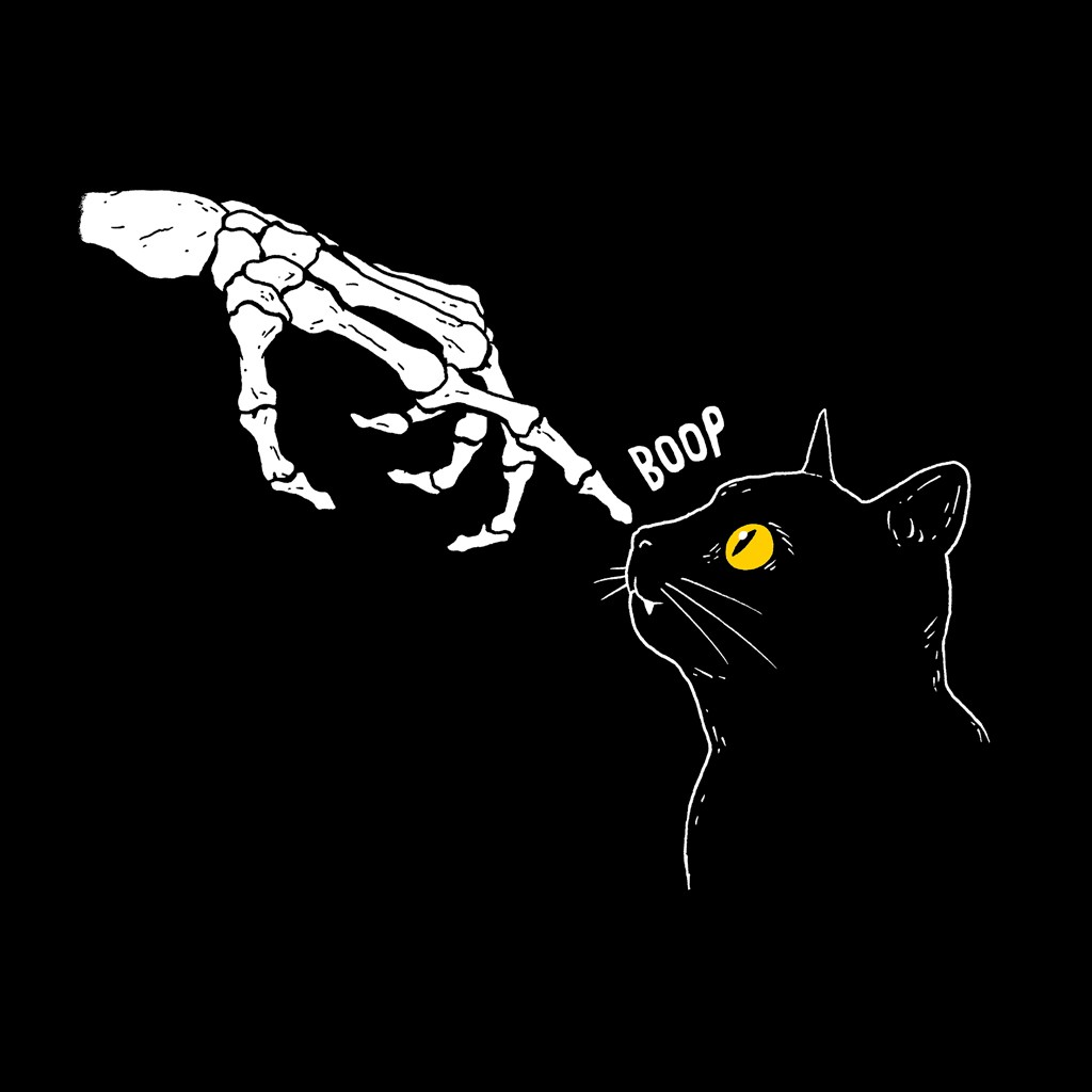 Michael Buxton, Spooky Boop (Katze, Silhouette, Zeichnung, Knochenhand, Fingerknochen, Gerippe, Grafik, Comic, schwarzer Humor, witzig, lustig, Jugendzimmer, Treppenhaus, Grafik, Wunschgröße, schwarz/weiß)