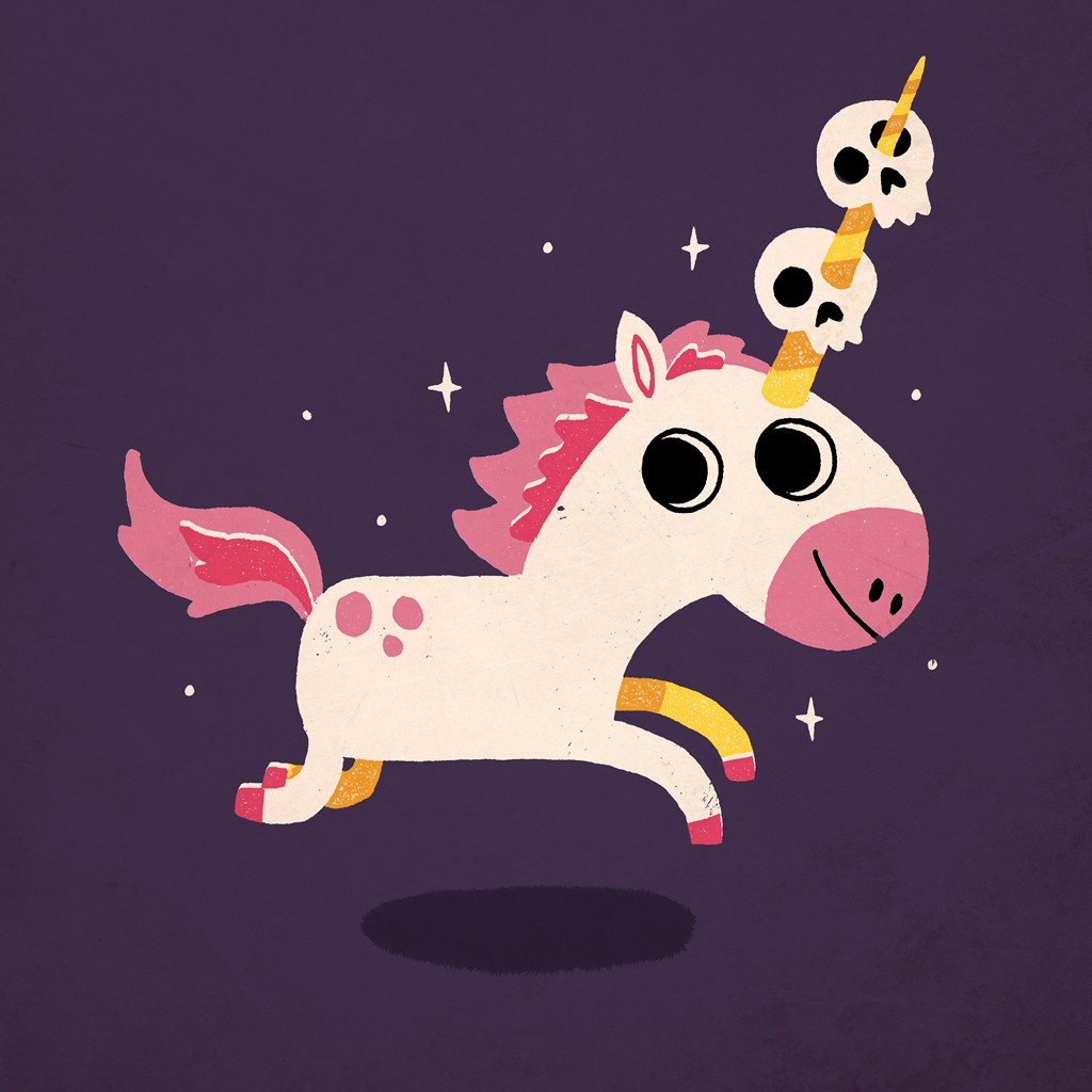 Michael Buxton, Unicorn of Death (Einhorn, aufgespießte Totenköpfe, makaber, Grafik, Comic, schwarzer Humor, Spruch, witzig, lustig, Jugendzimmer, Treppenhaus, Grafik, Wunschgröße, bunt)