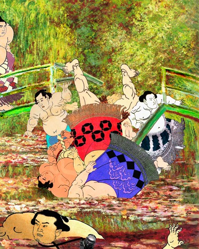 Barry Kite, Japanese Footbridge Mishap (Wunschgröße, Malerei, Collage, Persiflage, Claude Monet, japanische Brücke, Seerosenteich, Sumoringer, Zusammenbruch, Humor, lustig, Wohnzimmer, Treppenhaus, Jugendzimmer, bunt)