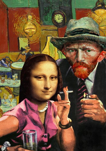 Barry Kite, Ladie´s Night (Wunschgröße, Malerei, Collage, Persiflage, Van Gogh, Leonardo da Vinci, Mona Lisa, Selbstportrait, Bar, Kneipe, Raucherin, Zigarette, Humor, lustig, Wohnzimmer, Treppenhaus, Jugendzimmer, bunt)