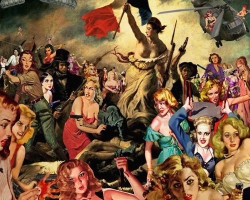 Barry Kite, Liberty Leading (Wunschgröße, Malerei, Collage, Persiflage, Delacroix, die Freiheit führt das Volk an, Pin ups, Humor, lustig, Wohnzimmer, Treppenhaus, Jugendzimmer, bunt)