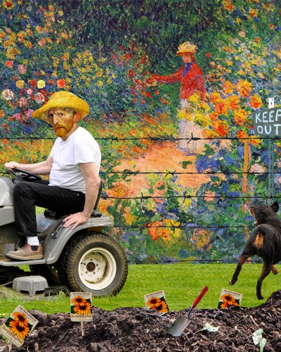 Barry Kite, New Neighbor (Wunschgröße, Malerei, Collage, Persiflage, Van Gogh, Gärtner, Rasenmäher, Gartenarbeit, Hund, Humor, lustig, Wohnzimmer, Treppenhaus, Arztpraxis, bunt)