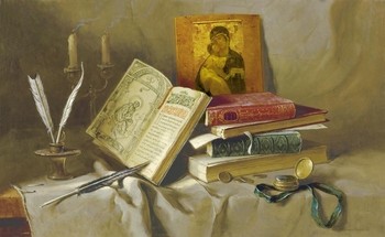 Igor Belkovskij, OLD BOOKS I (Stillleben, alte Bücher, Schreibutensilien Feder, Ikone, Kerzenhalter, Taschenuhr, Nostalgie, Bibliothek, Wohnzimmer, Arbeitszimmer, Treppenhaus, Malerei, bunt)