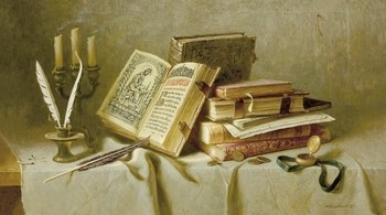 Igor Belkovskij, OLD BOOKS II (Stillleben, alte Bücher, Schreibutensilien Feder, Kerzenhalter, Taschenuhr, Nostalgie, Bibliothek, Wohnzimmer, Arbeitszimmer, Treppenhaus, Malerei, bunt)