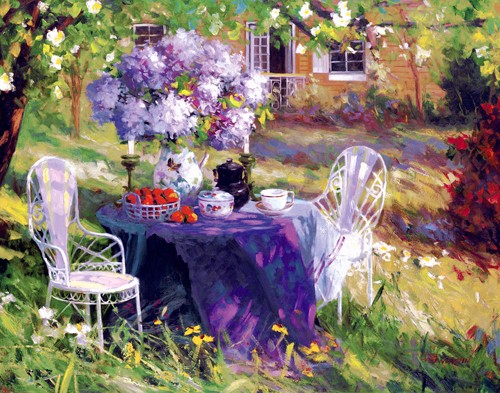 Benjamin, Lilac Tea Party (Wunschgröße, Malerei, Garten, Sitzgruppe, Gartentisch, Licht, Leuchten,Beleuchtung, Idylle, Blumen, Früchte, Esszimmer, Wohnzimmer, bunt)