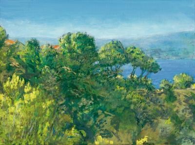 Raphael Bergmann, Inselsonne (Landschaft, Natur,Insel, Licht, Sommer, Treppenhaus, Arztpraxis, Wohnzimmer, Malerei, zeitgenössisch, bunt)