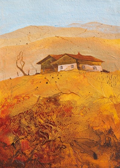 Bernhard Gerner, Landgut 2 (Landschaft, Hügel, Berge, Bauernhof, Einsamkeit, Herbst, Jahreszeit, Treppenhaus, Wohnzimmer, erdfarben, Wunschgröße, gold/gelb)