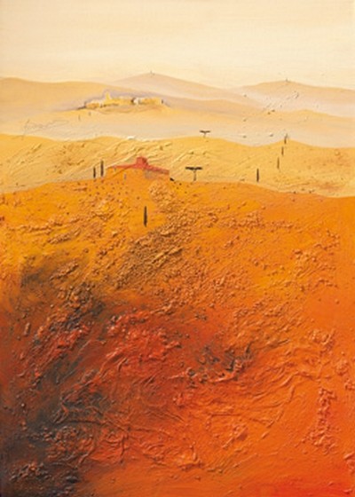 Bernhard Gerner, Mediterrane Landschaft 1 (Landschaft, Hügel, Berge, Bauernhof, Einsamkeit, Herbst, Jahreszeit, Treppenhaus, Wohnzimmer, Wunschgröße, erdfarben, gold/gelb)