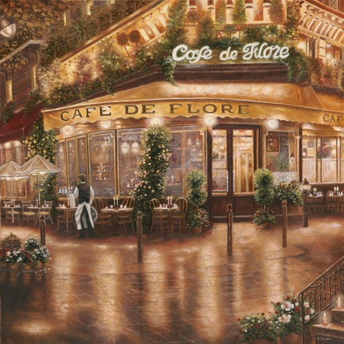 Betsy Brown, Cafe de Flore (Wunschgröße, Malerei, Nostalgie, Cafehaus, Paris, Abendbeleuchtung, Frankreich,  Esszimmer, Wohnzimmer, bunt)