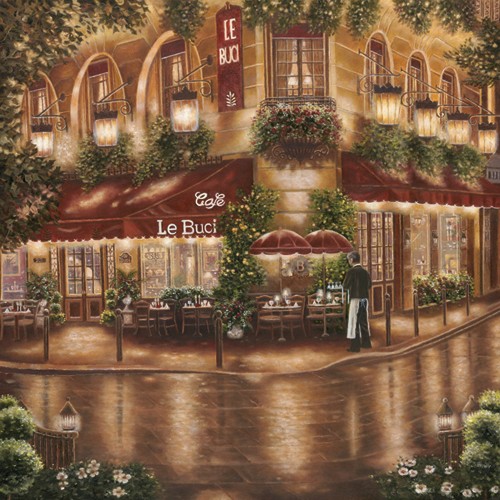 Betsy Brown, Cafe le Buci (Wunschgröße, Malerei, Nostalgie, Cafehaus, Paris, Abendbeleuchtung, Frankreich,  Esszimmer, Wohnzimmer, bunt)