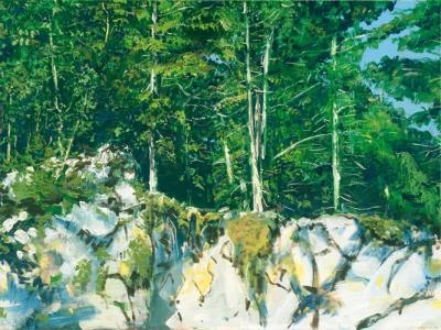Raphael Bergmann, Bergender Fels (Landschaft, Natur,Abhang, Wald, Bäume, Licht, Sommer, Treppenhaus, Arztpraxis, Wohnzimmer, Malerei, zeitgenössisch, bunt)