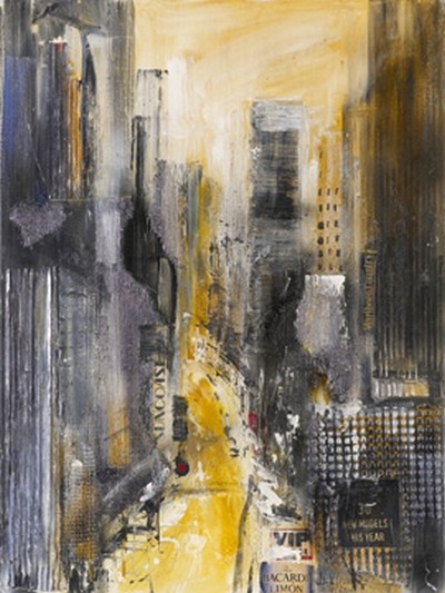 Bernd Klimmer, New York II (Stadt, Hochhäuser, Architektur, abstrahiert, Malerei, modern, Wohnzimmer, Büro, Business, Wunschgröße, grau/gelb)