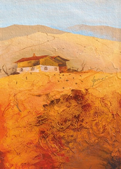 Bernhard Gerner, Landgut 1 (Landschaft, Hügel, Berge, Bauernhof, Einsamkeit, Herbst, Jahreszeit, Treppenhaus, Wohnzimmer, erdfarben, Wunschgröße, gold/gelb)
