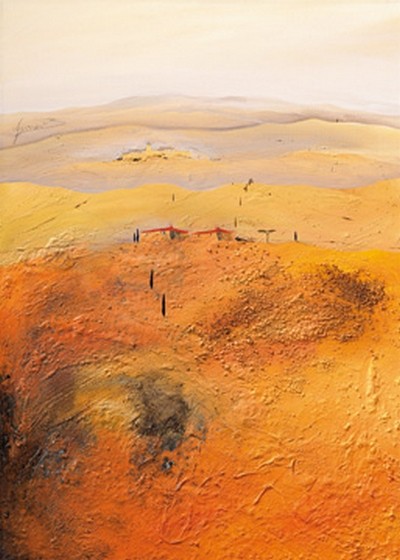 Bernhard Gerner, Mediterrane Landschaft 2 (Landschaft, Hügel, Berge, Bauernhof, Einsamkeit, Herbst, Jahreszeit, Treppenhaus, Wohnzimmer, Wunschgröße, erdfarben, gold/gelb)